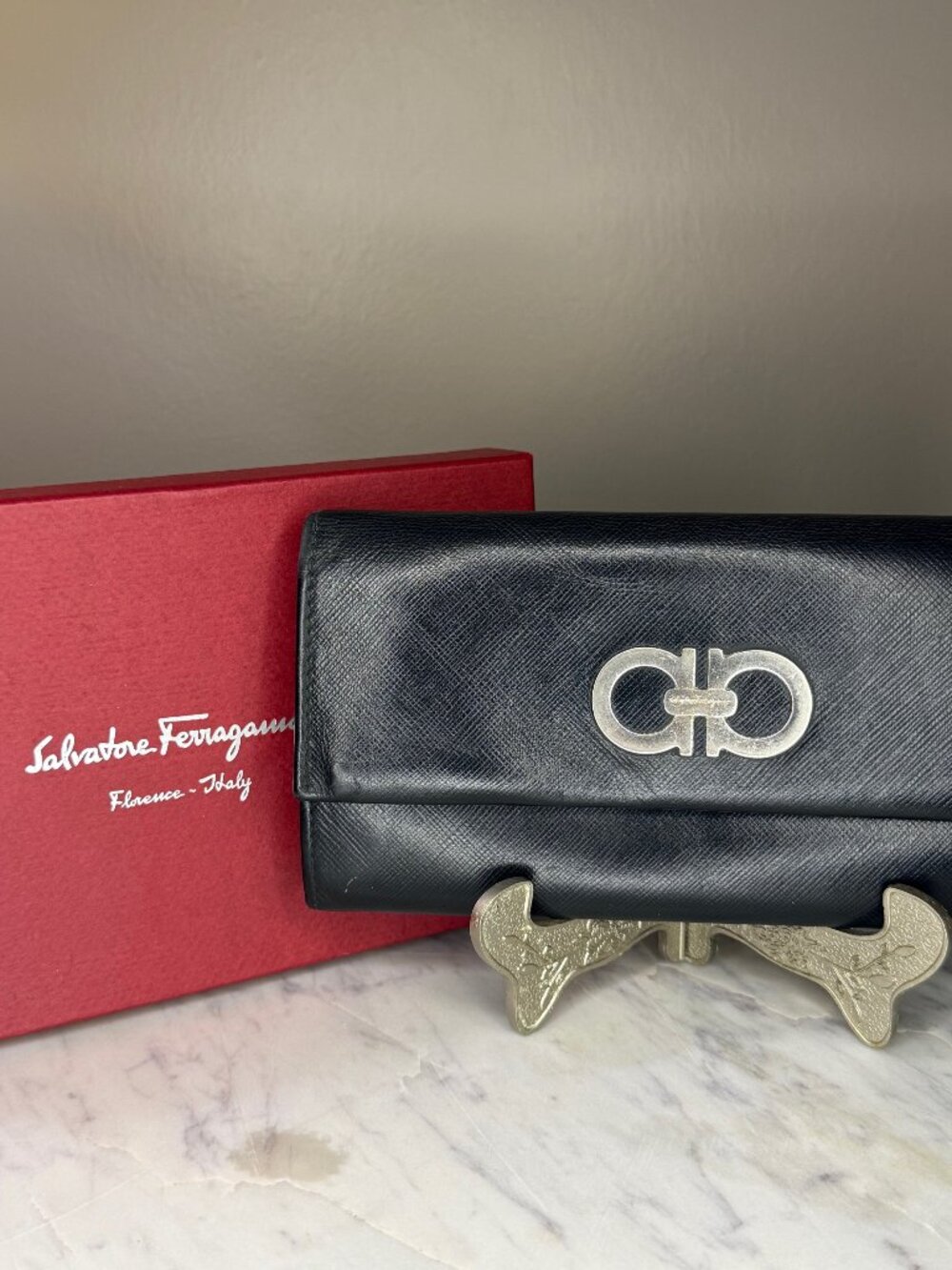 Vintage Salvatore Ferragamo Gancini Long Wallet Black Leather with Box